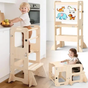 Foldable 4-in-1 Wooden Learning Tower/Whiteboard